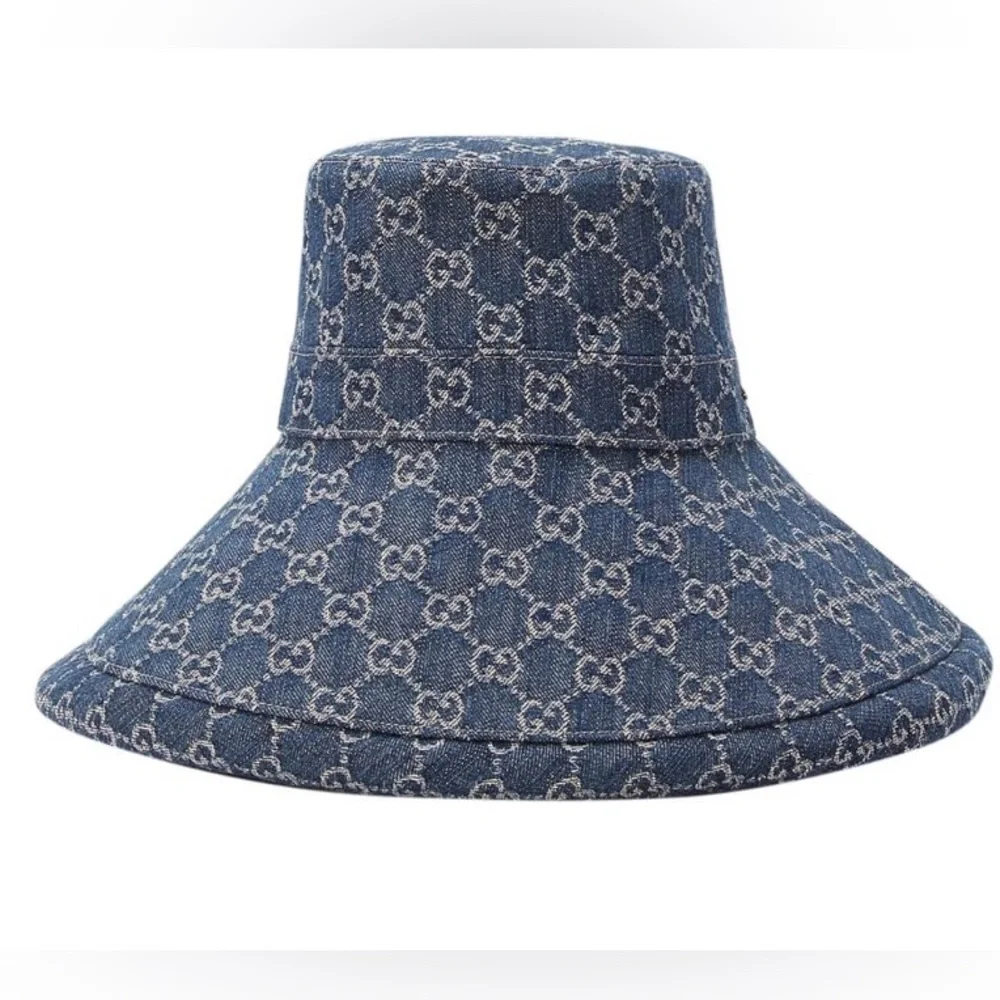 Gucci GG Denim Monogram Bucket Hat Wide Large Brim Navy Blue Jacquard Beach - Picture 12 of 16